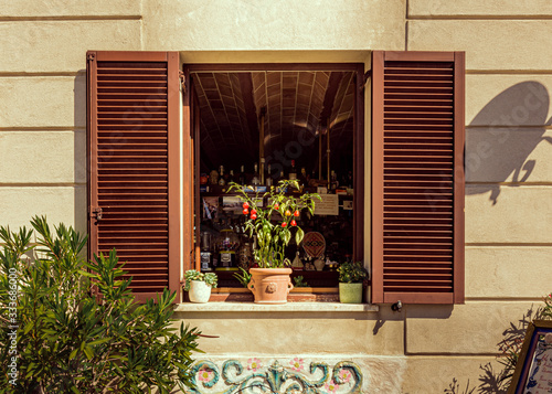 Obraz na płótnie An open bar window with shutters and a chilli plant soaking up the hot afternoon sun on the window sill, Numana, Italy w salonie