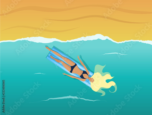 The young beautiful girl swims in the sea on the air mattress. View from above. Blonde on a summer vacation. A young woman sunbathes in the water. Ocean beach vector illustration flat style.
