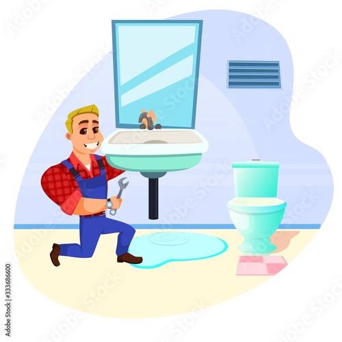 Always Ready to Help, Supportive and Skillful Plumber, Wearing Working Cloths, in Customers Bathroom. Widely Smiling Pro with Wrench, Fixing Water Leak in Pipes under Washbowl. Cute Cartoon Character.