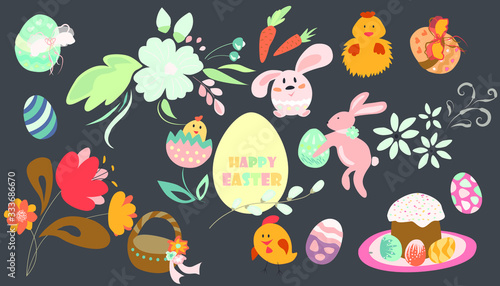 Set of easter pictures with eggs, rabbit, basket, flowers