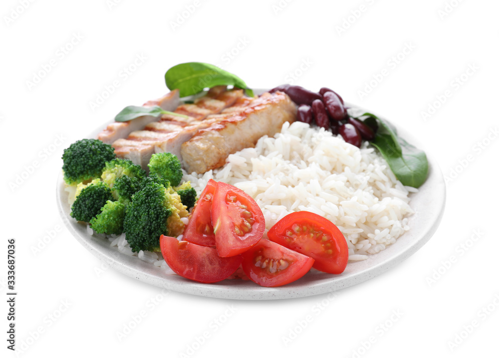 Tasty rice with beans and chicken meat isolated on white Tasty rice with beans and chicken meat isolated on white