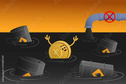Turkish lira sinks in petroleum. Coin with lira sign and Barrel of oil in spilled oil. Banner of Oil Crisis Concept.