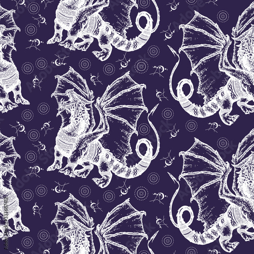 Strong dragon with celtic ornament. Seamless pattern. Packing old paper, scrapbooking style. Vintage background. Medieval manuscript, engraving art. Symbol force, fantasy, fairy tale