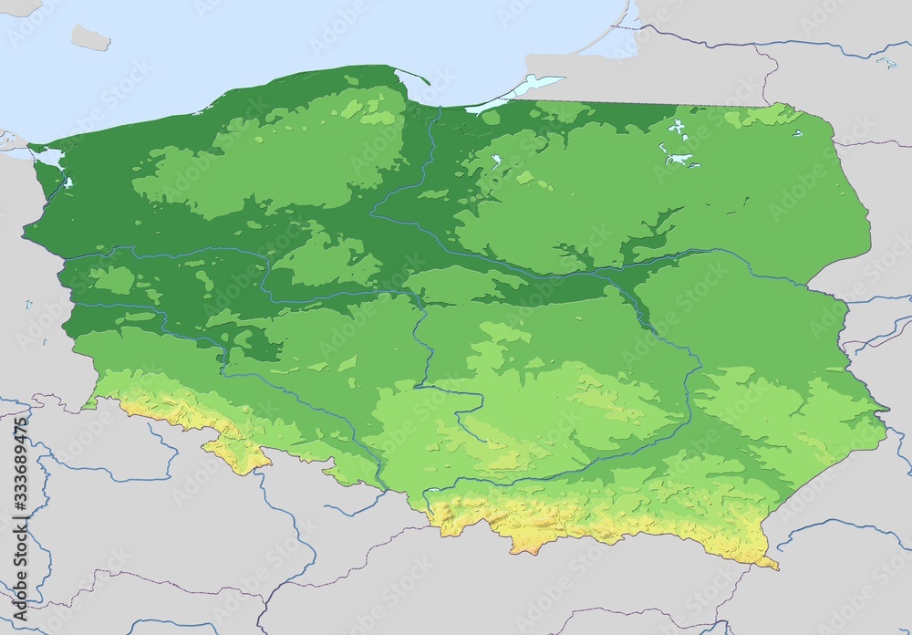 Fototapeta premium Map of Poland with illuminated terrain contours.