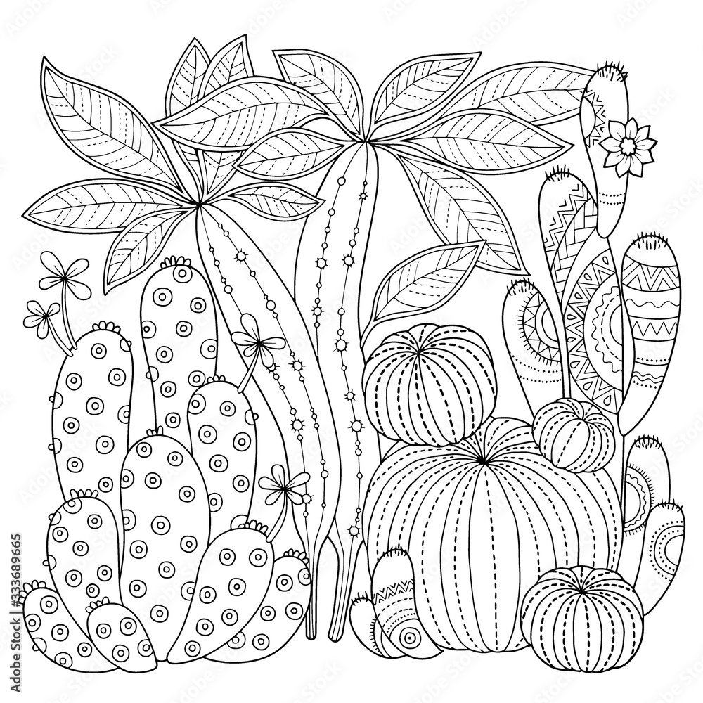 Vector coloring book for adult. Cute cacti and succulents with spines ...