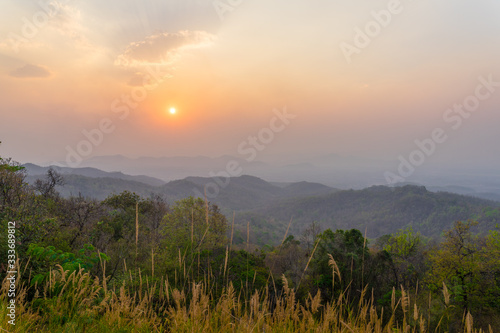 Mountain valley during sunset. Natural summer landscape