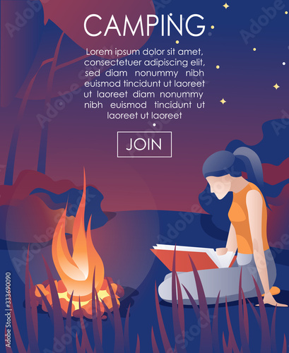 Cartoon Poster Inviting Join to Rest in Forest. Flat Woman Rest Reading Book while Sitting at Bonfire. Camping at Night under Starry Sky. Peace and Quiet Offer. Vector Illustration with Promo Text