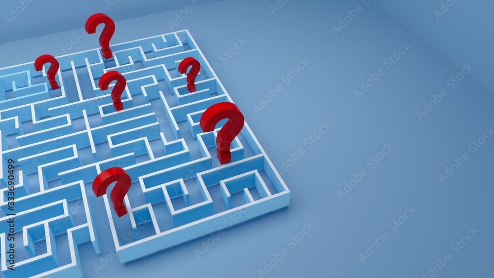 Question mark on a background of colour signs. 3D Rendering.Concept of doubts and questions.Maze concept, challenge and choices. Question mark on a background of colour signs. 3D Rendering.Concept of doubts and questions.Maze concept, challenge and choices.