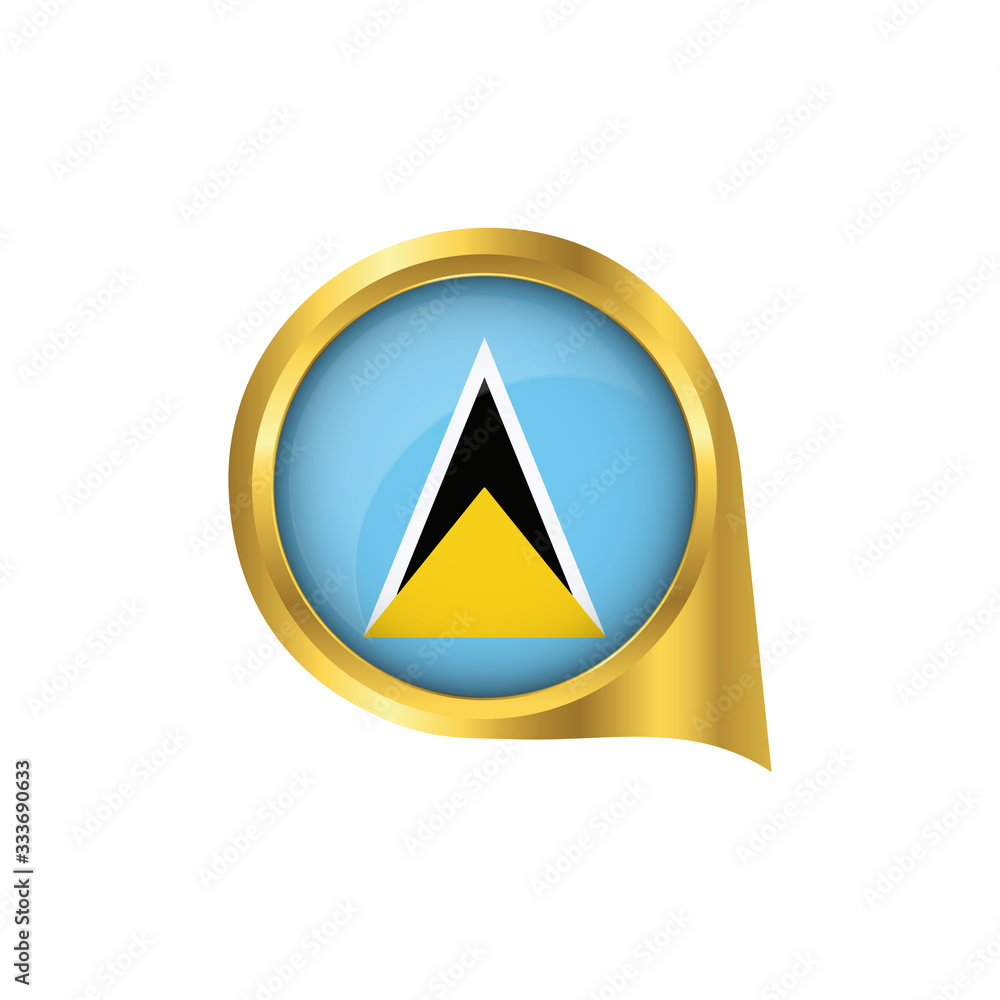 Flag of Saint Lucia, location map pin, pointer flag Saint Lucia, button gold, Icon country . Vector Illustration EPS10. Flag of Saint Lucia, location map pin, pointer flag Saint Lucia, button gold, Icon country . Vector Illustration EPS10.