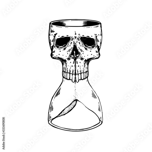 Decorative antique death hourglass illustration with skull. Hand drawn tarot card. Sketch for dotwork tattoo, hipster t-shirt design, vintage style posters. tattoo design vector.