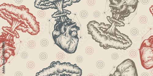 Nuclear explosion of anatomical heart. Seamless pattern. Packing old paper, scrapbooking style. Vintage background. Medieval manuscript, engraving art. Symbol of love, feelings, energy