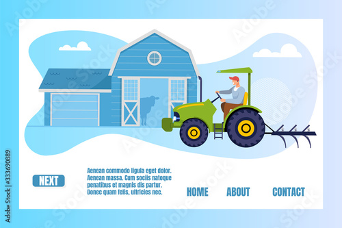 Gardener, Farmer or Worker Character Driving Tractor, Growing Agricultural Products on Gardening Wooden Barn Background Agrarian Industry Occupation Cartoon Flat Vector Illustration, Horizontal Banner