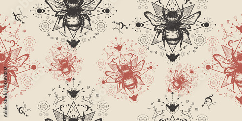 Bee seamless pattern. Bumblebee mystical symbols. Packing old paper, scrapbooking style. Vintage background. Medieval manuscript, engraving art