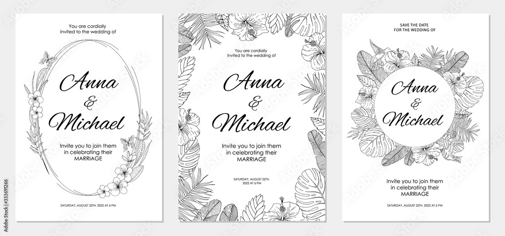 Wedding invitations, save the date cards set with tropical flowers. Line art botanical composition. Vector illustration. Wedding invitations, save the date cards set with tropical flowers. Line art botanical composition. Vector illustration.