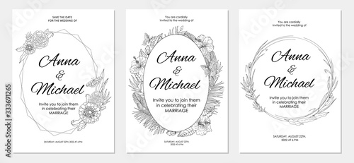 Wedding invitations, save the date cards set with tropical flowers. Line art botanical composition. Vector illustration.