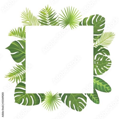 Tropical green leaves frame template. Floral border with place for text. Vector illustration.