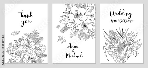 Wedding invitations, save the date cards set with tropical flowers. Line art botanical composition. Vector illustration.