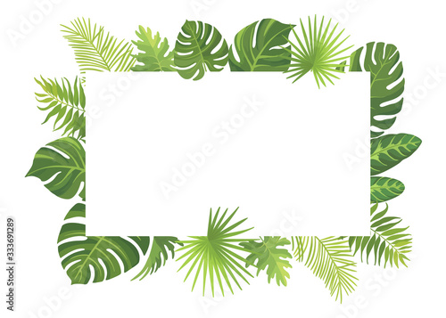 Green tropical frame template. Botanical border with place for text. Vector illustration.