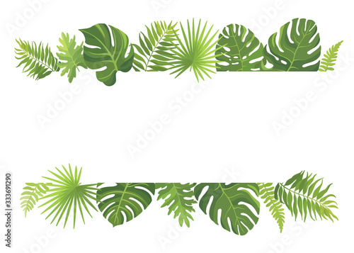 Tropical green leaves frame template. Floral border with place for text. Vector illustration.