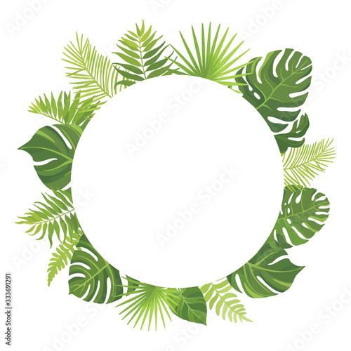 Round tropical green leaves frame template. Floral border with place for text. Vector illustration.