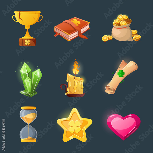 Set of various items for game user interface design. Cartoon magic items and resources for a fantasy game. Gold coins, book, candle, gem, chest, clover.