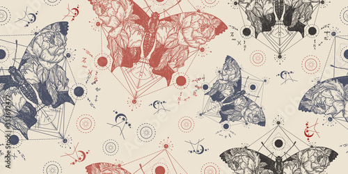 Butterfly double exposure. Seamless pattern. Packing old paper, scrapbooking style. Vintage background. Medieval manuscript, engraving art. Symbol of freedom, travel