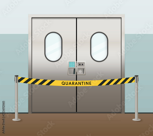 Hospital doors with quarantine warning. Fence with an exhaust tape. Vector illustration.