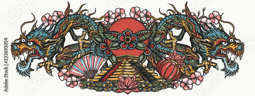 Сhinese dragons and mayan pyramids, color tattoo. Traditional asian style. Ancient mythology and culture. Old school style