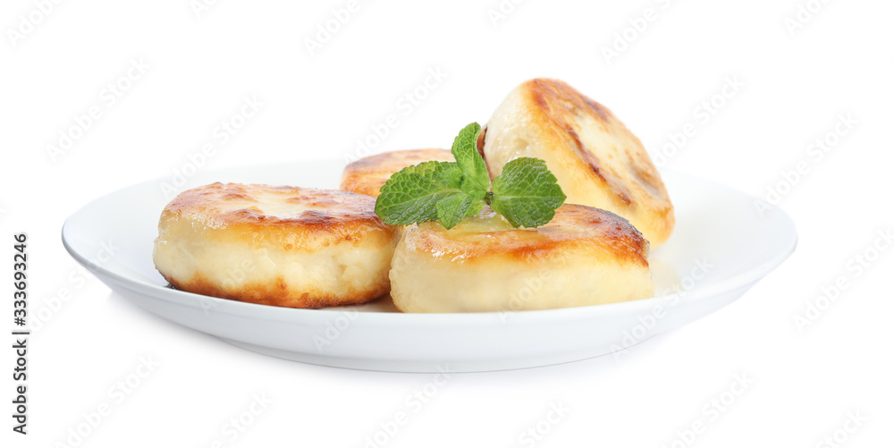 Delicious cottage cheese pancakes with mint isolated on white