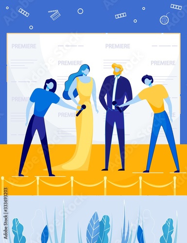 Superstar Celebrity Man and Woman and Journalists and Reporters on Red Carpet. Movie Awards Ceremony Broadcast. Elegant Stars, Famous Actors Life Interview. Flat Cartoon Vector Illustration.