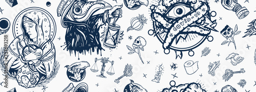 Coronavirus seamless pattern. Old school tattoo. Stay home background. Stop epidemic. Plague doctor, COVID-19 (SARS-CoV-2), Virgin Mary mourns the death of world, all seeing eye