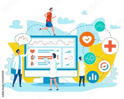 Man Jogging and Doctors Checking Male Health Indicators on Flat Huge Computer Monitor. Smart Trainer Application. Medical Data Analysis. Fitness Tracker Digital App. Vector Cartoon Illustration