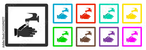 Hands under the tap with water, colored icons on a light background.