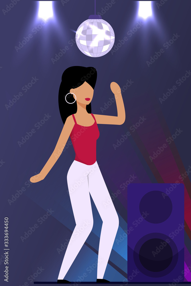 Cartoon Happy Pretty Woman Character in Casual Clothes Dancing and Clubbing on Dance Floor. Stage with Shiny Disco Ball. Girl Rejoicing Party Time in Night Club. Vector Festive Illustration