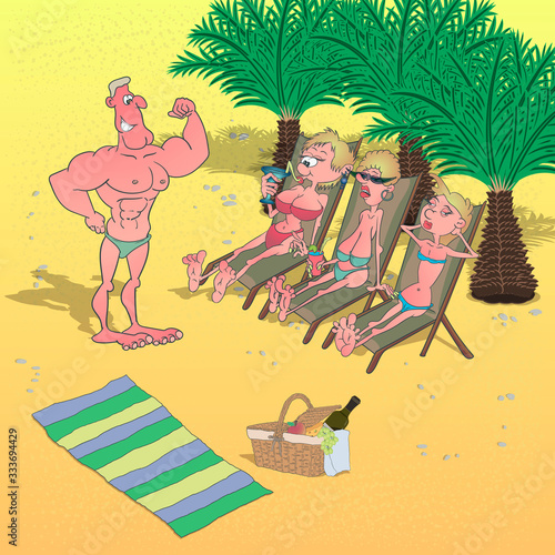 People on the beach. A male bodybuilder meets women on the beach. Cartoon illustration.