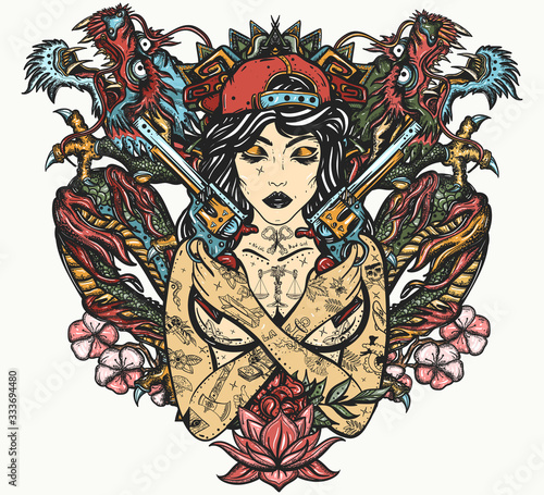 Bad girl and dragons. Chicano art. Favela art. Swag. Hip-hop and rap lifestyle. Criminal asian style culture. Cool gangster tattooed woman in baseball cap