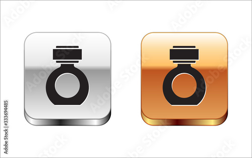 Black Aftershave icon isolated on white background. Cologne spray icon. Male perfume bottle. Silver-gold square button. Vector Illustration