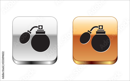 Black Aftershave bottle with atomizer icon isolated on white background. Cologne spray icon. Male perfume bottle. Silver-gold square button. Vector Illustration