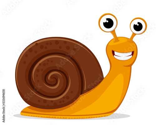Round shell snail crawls and smiles on a white. Character photo