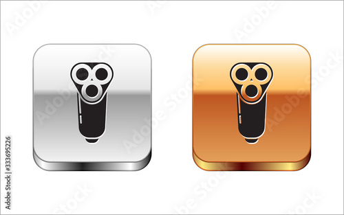 Black Electric razor blade for men icon isolated on white background. Electric shaver. Silver-gold square button. Vector Illustration