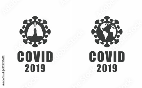 Black and white illustration of coronavirus lungs and planet Earth and text on a white background. Vector illustration on a medical theme and the epidemic of coronavirus.