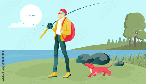 Cartoon Fisherman Character with Dog on River or Lake in Flat Forest. Man Holding Rod and Carrying Backpack with Ropes. Male Hobby. Fishing, Outdoor Recreation and Relaxation. Vector Illustration