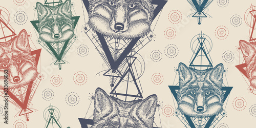 Fox seamless pattern. Packing old paper, scrapbooking style. Vintage background. Medieval manuscript, engraving art