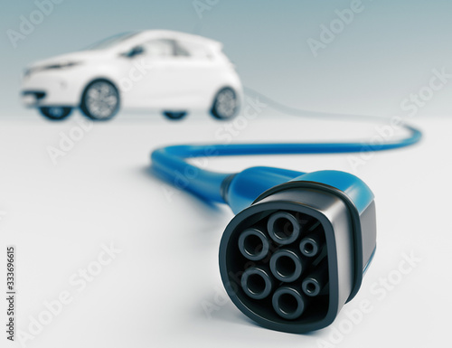 Close up of electric vehicle plug charging car isolated on white. 3d rendering