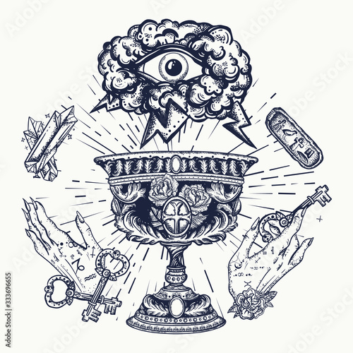 Medieval. Vaccine art. Middle age art. Traditional tattooing style. Sacred holy grail, occult hands and all seeing eye