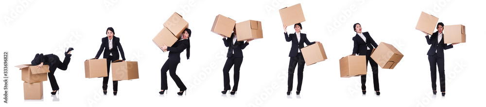 Woman with lots of boxes on white Woman with lots of boxes on white
