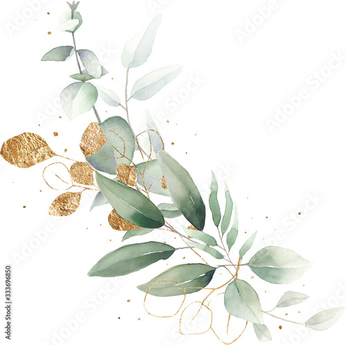 watercolor floral illustration foliage bouquet composition arrangement wreath greenery herbs round frame geometric natural gold green stationery wedding romance delicate silky  photo