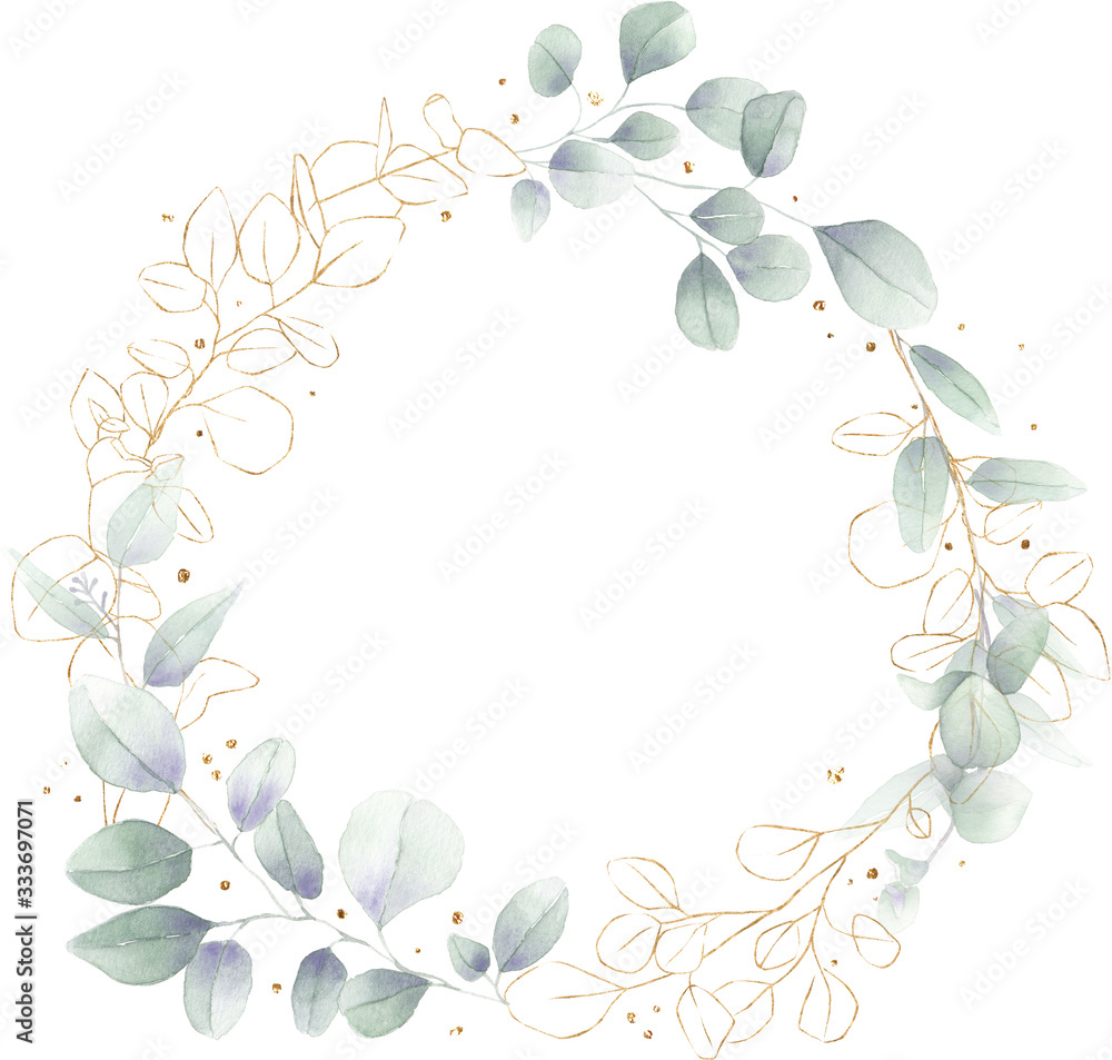 Obraz premium watercolor floral illustration foliage wreath greenery herbs round frame geometric natural gold green stationery wedding romance delicate silky 