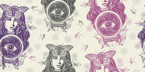 Magic woman. Fortune teller, crystal ball, mystic and magic. Seamless pattern. Packing old paper, scrapbooking style. Medieval manuscript, engraving art. Beautiful witch