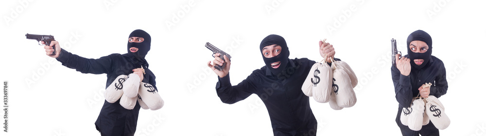 Funny criminal with gun isolated on white Funny criminal with gun isolated on white